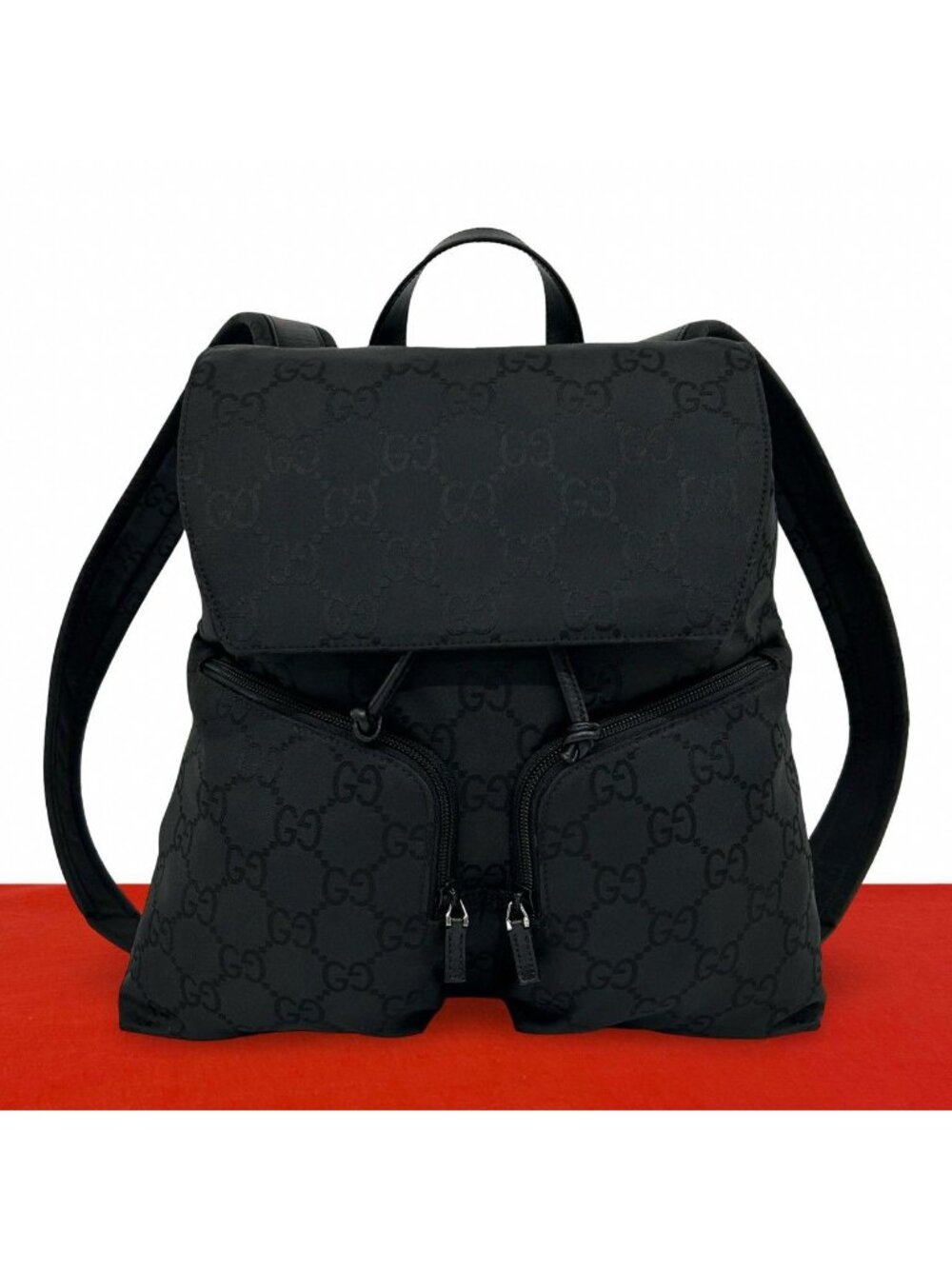 Gucci GG Logo Pattern Nylon Leather Drawstring Backpack Black